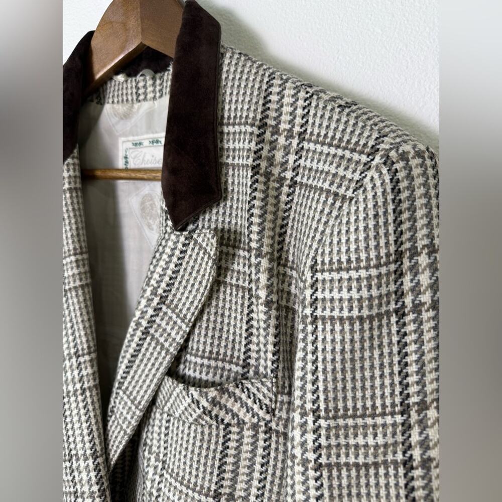 Vintage Choise Wool Tweed Plaid Double Breasted Blazer Suede Trim Size 8 - Picture 2 of 14
